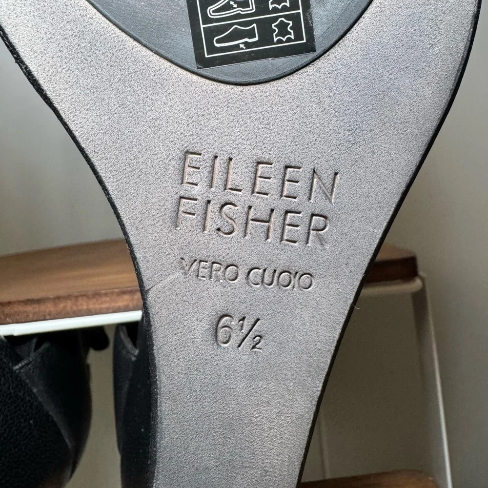 Eileen Fisher Corona Mid-Wedge Black LeatherSandals Size 6.5 NWOT